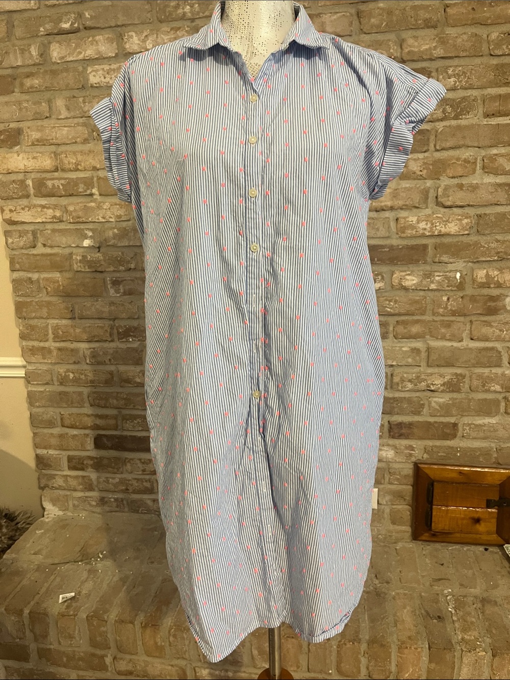 LOFT Blue & White Striped Shirt Dress Pink Embroidered Dot with lining. Sz M - Picture 2 of 5
